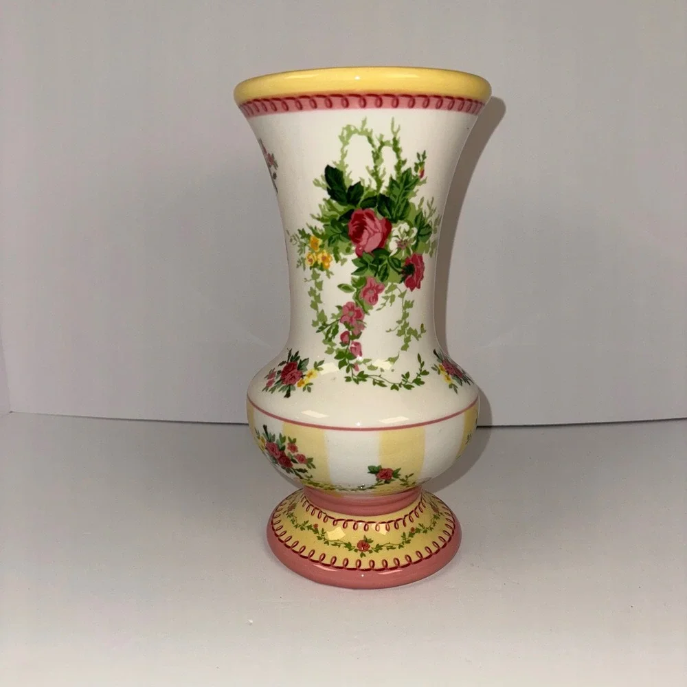 Laura Ashley‎ Floral Ceramic Vase Yellow Pink Roses Pedestal Decorative Accent